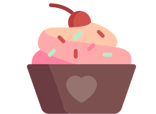 Stellar Baking logo, a cupcake with pink swirled icing in a brown wrapper with a pink heart. The cupcake has red, pink, and mint green sprinkles.